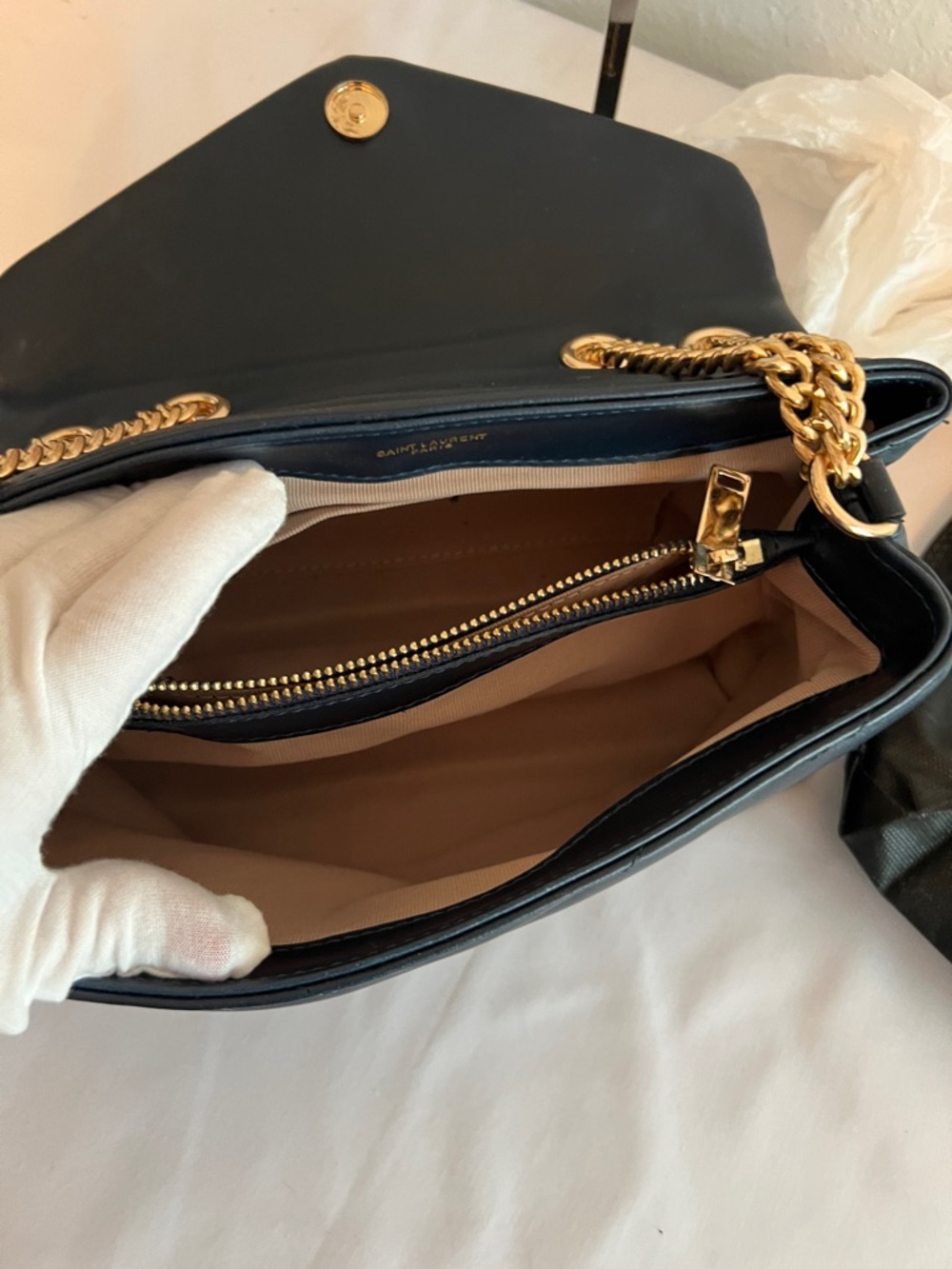Yves Saint Laurent Navy Blue with gold tone chain and emblem. - Picture 4 of 11